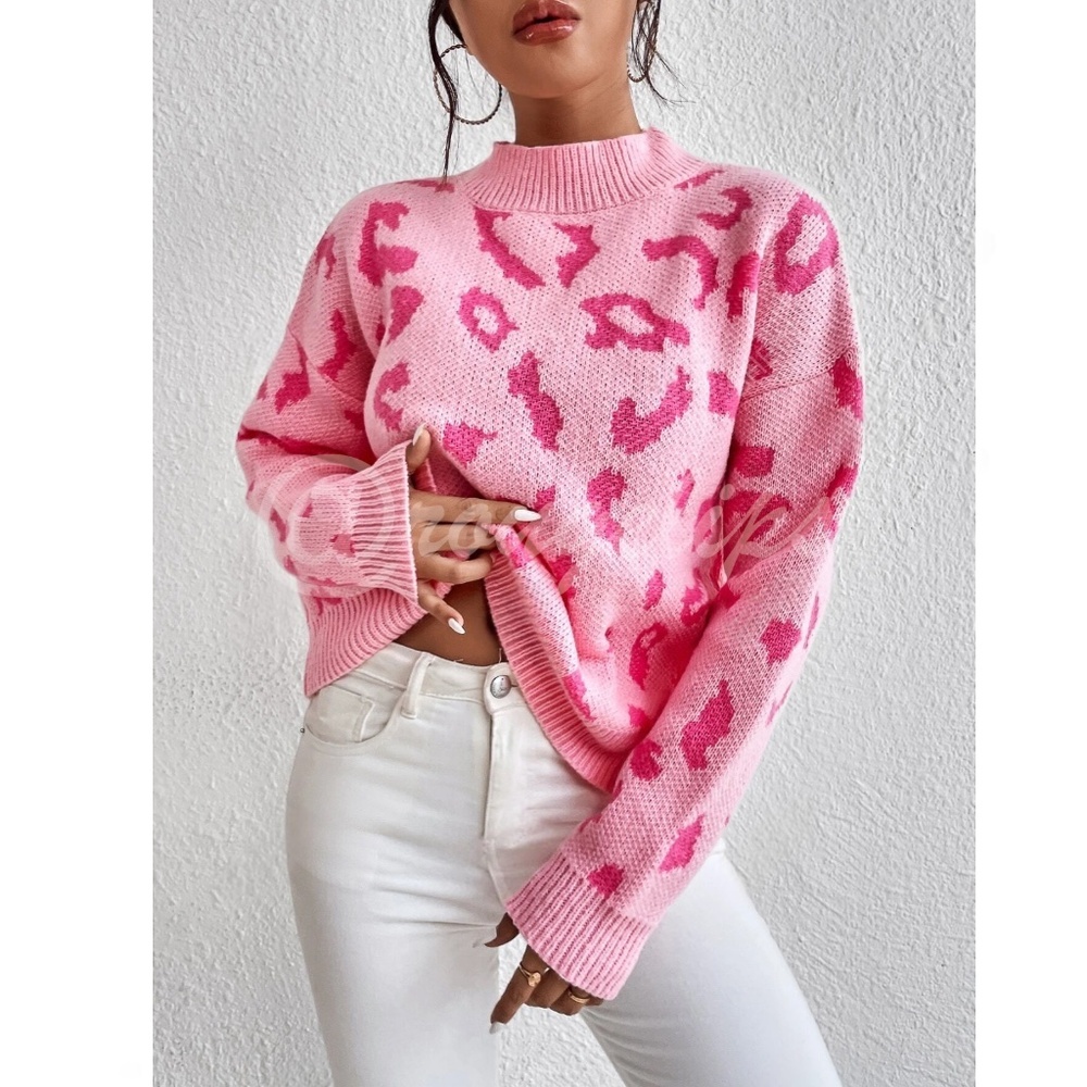 Pink Cheetah Leopard Animal Print Knit Sweater Pullover Long Sleeve